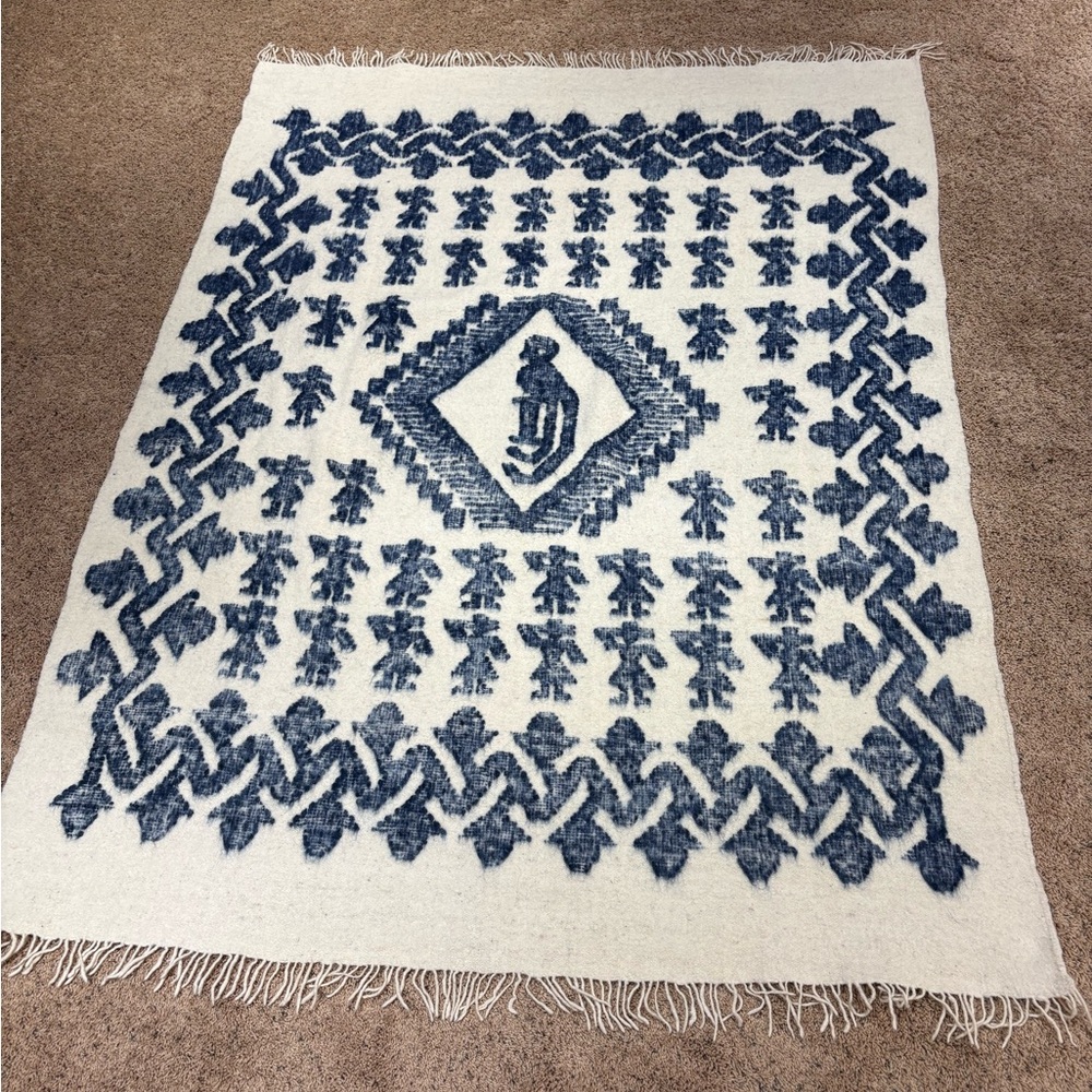 Vintage Mexican Blue and Off White Handwoven Fringed Wool Blanket Throw